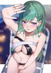  1girl bare_shoulders bikini blush breasts earrings green_hair hand_up highres jewelry large_breasts long_hair looking_to_the_side mole mole_on_breast navel necklace on_chair open_mouth purple_eyes ringozeri sitting solo swept_bangs swimsuit virtual_youtuber vspo! yakumo_beni 