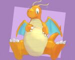 ambiguous_gender antennae_(anatomy) belly claws dragonite featureless_crotch feet generation_1_pokemon hi_res horn kiroc looking_at_belly mythological_creature mythological_scalie mythology nintendo orange_body orange_horn pokemon pokemon_(species) purple_background scalie semi-anthro simple_background slightly_chubby solo tail wings worried worried_face worried_look