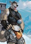 2024 5_fingers anthro athletic athletic_anthro athletic_male black_nose bottomwear bulge canid canine canis claws clothed clothing epic_games fangs finger_claws fingerless_gloves fingers fortnite fur gloves grey_body grey_fur handwear hat headgear headwear hi_res humanoid_hands jockstrap juiceps male mammal mountain open_mouth open_smile shorts smile snow solo teeth tongue tongue_out topwear underwear vest wendell_(fortnite) wolf