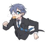  1boy bishounen black_jacket blue_eyes blue_hair blue_necktie charcomcgee ciel_phantomhive clenched_hands collared_shirt cookie dark_blue_hair eyepatch flying_sweatdrops food food_in_mouth jacket kuroshitsuji kuroshitsuji:_kishuku_gakkou-hen looking_to_the_side male_focus medical_eyepatch necktie running shirt short_hair simple_background solo upper_body white_background white_shirt 