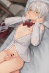  1boy after_ejaculation bar_censor blush bow censored cum cum_on_chest cum_on_self cum_string green_eyes grey_hair hair_between_eyes hand_on_own_face highres indoors lying male_focus navel nipples on_back on_bed open_clothes open_shirt original otoko_no_ko panties penis pillow puffy_chest red_bow shirt short_hair small_penis sunaba_(nczd5875) sweat testicles underwear unworn_panties white_panties white_shirt 