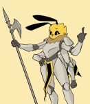  2022 4_arms antennae_(anatomy) anthro armor arthropod arthropod_abdomen bee biped black_sclera female full_armor gesture halberd hand_gesture hand_on_hip hi_res holding_halberd holding_melee_weapon holding_object holding_polearm holding_weapon hymenopteran insect looking_at_viewer melee_weapon multi_arm multi_limb painedpinata plate_armor pointing pointing_up polearm simple_background solo stinger weapon yellow_body 