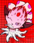  ambiguous_gender anthro fangs feathers fur generation_4_pokemon hair hi_res jewelry kerolink male nintendo noonecrazyboy one_eye_closed pink_body pink_fur pokemon pokemon_(species) purple_eyes red_background scary scary_face simple_background solo spiky_hair teeth weavile wink 