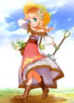  1girl arm_up bag blue_eyes blue_sky blush bow breasts brown_footwear cloud day dress drill_hair floral_print flower gloves grass green_bow green_gloves hair_flower hair_ornament handbag harvest_moon hat hat_bow holding_shovel jewelry lily_(flower) lisette_(story_of_seasons:_trio_of_towns) manohiro_yuki necklace open_mouth outdoors shovel sky small_breasts solo story_of_seasons:_trio_of_towns sun_hat twin_drills walking 