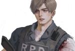  1boy blood blood_on_clothes blue_eyes blue_shirt bulletproof_vest collared_shirt gun highres holding holding_gun holding_weapon i_monos leon_s._kennedy male_focus parted_bangs parted_lips radio resident_evil resident_evil_2 resident_evil_2_(remake) shirt short_hair solo swept_bangs upper_body weapon white_background white_shirt 