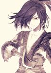  1boy amputee commentary_request dororo_(tezuka) greyscale guest_art hair_over_one_eye highres hyakkimaru_(dororo) japanese_clothes kimono long_hair looking_at_viewer male_focus monochrome ponytail prosthetic_weapon riuichi serious simple_background solo 