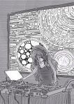  1girl absurdres camisole collarbone dj greyscale headset heronnheronn highres long_hair looking_to_the_side monitor monochrome original sketch solo standing table wire 