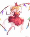  1girl absurdres ascot blonde_hair crystal_wings dress flandre_scarlet hand_up hat hat_ribbon highres majinno mary_janes mob_cap red_dress red_eyes red_nails red_ribbon ribbon sharp_teeth shoes side_ponytail simple_background smile solo teeth touhou white_background yellow_ascot 