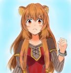  1girl animal_ear_fluff animal_ears blush bracelet breasts brown_eyes brown_hair clenched_hand commentary frown hair_between_eyes highres jewelry long_hair looking_at_viewer potekite raccoon_ears raphtalia red_eyes short_twintails small_breasts tate_no_yuusha_no_nariagari twintails 