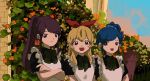  3girls aikatsu! aikatsu!_(series) alternate_costume apron black_shirt blonde_hair blue_eyes blue_hair bow brown_eyes bush closed_mouth collared_shirt crossed_arms enmaided flower green_ribbon hair_bow hair_ornament hair_scrunchie hoshimiya_ichigo kiriya_aoi lineup long_hair looking_at_viewer maid maid_apron matching_outfits multiple_girls neck_ribbon open_mouth orange_flower osouzai-kun ponytail purple_eyes purple_hair red_bow ribbon scrunchie shibuki_ran shirt short_hair short_sleeves side_ponytail smile standing swept_bangs yellow_flower 