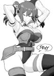  1girl armpits belt breasts detached_sleeves highleg highres large_breasts margaret_els monochrome solo toba_kuti tsuihousareta_cheat_fuyo_majutsushi_wa_kimama_na_second_life_wo_oukasuru tsurime two_side_up 