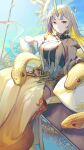  1girl bare_shoulders blonde_hair breasts closed_mouth commentary_request facial_mark fire_emblem fire_emblem_heroes grey_hair gullveig_(fire_emblem) gullveig_(seer_beyond_time)_(fire_emblem) highres horns ikura_(downdexp) large_breasts looking_at_viewer multicolored_hair official_alternate_costume orange_eyes purple_hair signature single_horn snake_hair solo 