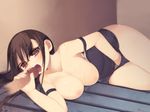  ahoge arima_senne breasts brown_hair fellatio glasses hand_under_clothes hand_under_swimsuit highres kashiwamochi_yomogi large_breasts long_hair masturbation one-piece_swimsuit oral original penis red_eyes school_swimsuit solo_focus swimsuit 