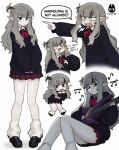  1girl :3 absurdres black_eyes blush fangs grey_hair guitar hair_ornament highres instrument justadrian_(yoadriandk) long_hair mavie_(justadrian) music musical_note open_mouth playing_instrument pleated_skirt pointing pointy_ears skirt smile sweater teeth vampire 