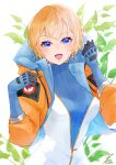 1girl animification anzu_(x_anzu_ill) apex_legends blonde_hair blue_eyes blue_gloves blue_sweater blush bodysuit breasts gloves highres hood hood_down hooded_jacket jacket lightning_bolt_symbol looking_at_viewer medium_breasts open_mouth orange_jacket plant ribbed_sweater short_hair smile solo sweater upper_body wattson_(apex_legends) white_background white_bodysuit 