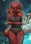  absurd_res anthro big_breasts black_sclera blue_eyes breasts capcom claws fanged_wyvern featureless_breasts featureless_crotch female hair hi_res miao_jiangyou monster_hunter odogaron red_body red_hair red_scales red_sclera scales scalie solo tail teeth thigh_gap 