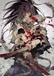  1boy amputee angry bandaged_neck bandages black_hair blood blood_on_clothes blood_on_face blood_on_weapon blood_splatter commentary_request dororo_(tezuka) glowing glowing_eye grey_eyes guest_art hair_over_one_eye highres hyakkimaru_(dororo) japanese_clothes kazuki_yone kimono long_hair looking_at_viewer male_focus off_shoulder official_art ponytail prosthesis prosthetic_arm solo sword torn_clothes weapon 