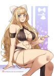  1girl absurdres artist_name blonde_hair blue_eyes blunt_ends breasts charlotte_(fire_emblem) criss-cross_halter deliciousbrain fire_emblem fire_emblem_fates hair_ribbon halterneck highres large_breasts long_hair looking_at_viewer meme_attire modakawa_dress nail_polish navel ribbon smile solo thighs white_ribbon 