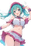  1girl :d aqua_eyes aqua_hair arm_up bare_shoulders blush bow breasts collared_shirt commentary_request contrapposto cowboy_shot crop_top frills groin hair_between_eyes hat hatsune_miku highres long_hair looking_at_viewer medium_breasts midriff miniskirt motion_lines navel open_mouth oshitsuji pleated_skirt ribbon shirt simple_background sketch skirt sleeveless sleeveless_shirt smile solo stomach teeth thighs twintails upper_teeth_only very_long_hair vocaloid white_background white_shirt 