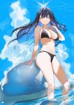 1girl absurdres arm_support bare_shoulders bikini black_bikini black_hair blue_archive blue_eyes blue_hair blue_halo breasts cloud colored_inner_hair halo highres in_water inflatable_toy large_breasts long_hair looking_at_viewer midriff multicolored_hair navel outdoors r_aeel saori_(blue_archive) sky solo swimsuit 