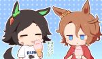  2girls :t animal_ears bandaid bandaid_on_cheek bandaid_on_face biwa_hayahide_(umamusume) black_hair blue_background blue_eyes blush_stickers brown_hair chibi closed_eyes closed_mouth clothes_writing drawstring eating english_text food gomashio_(goma_feet) gradient_background hair_between_eyes hair_ornament hairclip holding holding_food hood hood_down hoodie horse_ears horse_girl horse_print horse_tail ice_cream_cone jitome licking multiple_girls narita_taishin_(umamusume) parted_bangs polka_dot polka_dot_background print_shirt red_hoodie shirt short_sleeves swept_bangs tail tongue tongue_out translation_request umamusume upper_body white_shirt winning_ticket_(umamusume) 