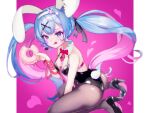  1girl :q absurdres animal_ears bare_shoulders black_footwear black_leotard blue_eyes blue_hair blurry blurry_background breasts chest_harness fake_animal_ears fake_tail food_bite from_side hair_ornament hair_ribbon hairband halftone harness hatsune_miku heart heart-shaped_pupils high_heels highleg highleg_leotard highres holding_doughnut leotard long_hair looking_at_viewer medium_breasts miku_day multicolored_hair pink_background pink_hair pink_pupils pink_ribbon playboy_bunny rabbit_ears rabbit_hair_ornament rabbit_hole_(vocaloid) rabbit_tail ribbon senada37 solo spaghetti_strap symbol-shaped_pupils tail teardrop_facial_mark tongue tongue_out twintails two-tone_hair vocaloid white_hairband x_hair_ornament 