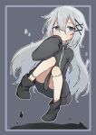  1girl black_footwear boots closed_mouth coat drawstring floating grey_background grey_coat grey_eyes grey_hair hair_between_eyes hair_ornament hand_up high_collar highres kinazuki long_hair long_sleeves looking_at_viewer outline outside_border sleeves_past_fingers sleeves_past_wrists solo soragiri_tudu stitched_leg stitches utau white_outline x_hair_ornament 