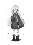  1girl black_footwear boots coat drawstring full_body grey_coat grey_eyes grey_hair hair_ornament high_collar highres long_bangs long_hair long_sleeves looking_at_viewer original parted_lips simple_background sleeves_past_fingers sleeves_past_wrists solo soragiri_tudu sotofu_(so_hu) standing stitched_leg stitches tachi-e transparent_background utau very_long_hair x_hair_ornament 