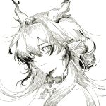  16shiliuyu_(shang_shan_yu) 1girl arknights chinese_commentary closed_mouth commentary_request dragon_girl dragon_horns earrings eyes_visible_through_hair greyscale hair_between_eyes hair_intakes hatching_(texture) highres horns jewelry linear_hatching lineart long_hair looking_at_viewer monochrome necklace pointy_ears portrait shu_(arknights) simple_background smile solo white_background 