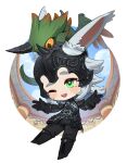  1girl :d animal_ears animal_on_head black_gloves boots chibi colored_sclera commission dragon final_fantasy final_fantasy_xiv gambeson gloves green_eyes grey_hair helmet highres mole mole_under_eye on_head one_eye_closed pants rabbit_ears scales smile teeth tostantan upper_teeth_only yellow_sclera 