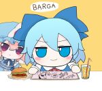  blue_dress blue_kimono blush bow burger chibi cirno dress drink food frilled_kimono frills fumo_(doll) hair_bow hat japanese_clothes kimono looking_at_viewer mob_cap pink_eyes pink_hair placemat rei_(tonbo0430) saigyouji_yuyuko shirt simple_background smile tagme touhou triangular_headpiece white_shirt 