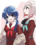  2girls :d aqua_neckerchief black_choker black_gloves blue_eyes blue_hair blue_ribbon blush bob_cut border brown_cardigan brown_dress cardigan cardigan_partially_removed choker colored_inner_hair commentary dark_blue_hair dollchestra dress gloves grey_hair hair_ornament hair_ribbon half_gloves hand_on_own_chest hasu_no_sora_school_uniform highres inverted_bob kanduki_kamibukuro link!_like!_love_live! long_hair long_sleeves looking_at_viewer love_live! low_twintails mole mole_on_neck multicolored_hair multiple_girls murano_sayaka neckerchief o-ring o-ring_choker open_cardigan open_clothes open_mouth outside_border pink_background pleated_dress profile red_eyes red_hair red_neckerchief ribbon sailor_collar sailor_dress school_uniform short_hair smile star_(symbol) star_hair_ornament streaked_hair translated twintails upper_body virtual_youtuber white_border white_sailor_collar winter_uniform yugiri_tsuzuri 