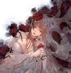  1girl blunt_bangs branch breasts breasts_apart collar coquelic_(path_to_nowhere) detached_sleeves flower frilled_collar frills gem half-closed_eyes highres jewelry looking_to_the_side medium_breasts necklace nightgown path_to_nowhere poppy_(flower) red_eyes red_flower red_gemstone red_lips sideways_glance siyuanzi smile solo upper_body white_hair white_nightgown 