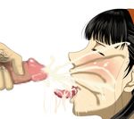  1girl amagi_yukiko black_hair blush closed_eyes cum cum_in_mouth cum_on_tongue erection facial headband hetero open_mouth penis persona persona_4 pubic_hair s_(tenshi_no_kiss) saliva shadow solo_focus tongue tongue_out 