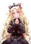  1girl black_dress blonde_hair blush dress earrings ereshkigal_(fate) ereshkigal_(third_ascension)_(fate) fate/grand_order fate_(series) fur-trimmed_sleeves fur_trim gold hair_ribbon highres infinity_symbol jewelry layered_sleeves long_hair long_sleeves looking_at_viewer parted_bangs red_eyes red_ribbon ribbon solo ssk_(yoiosushi) tiara two-sided_fabric two_side_up very_long_hair 