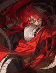  1boy absurdres androgynous arm_belt artist_name black_vest brown_background brown_pants buttons evil_smile film_strip glasses grell_sutcliff highres jacket kuroshitsuji long_hair looking_at_viewer male_focus open_mouth pants questtneo red-framed_eyewear red_hair red_jacket sharp_teeth shirt signature smile solo sparkle teeth vest white_shirt yellow_eyes 