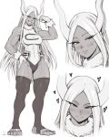  1girl abs absurdres animal_ears assertive_female bare_shoulders blush boku_no_hero_academia dark-skinned_female dark_skin flexing full_body hand_on_own_hip heart highres leotard looking_at_viewer mirko monochrome multiple_views muscular muscular_female rabbit_ears simple_background sketch smile solo speedl00ver sweat thick_thighs thighhighs thighs toeless_legwear white_background white_hair 