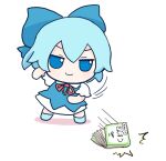  blue_bow blue_dress blue_eyes blue_hair book bow chibi cirno dress dropping frown fumo_(doll) hair_bow motion_lines rei_(tonbo0430) shirt short_hair smile speed_lines standing tagme throwing touhou white_background white_shirt 