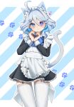  1girl :3 alternate_costume animal_ears apron ascot black_dress blue_ascot blue_eyes blue_hair blue_nails blush cat_ears cat_tail colored_inner_hair cowboy_shot cowlick dress drop-shaped_pupils enmaided frilled_apron frills furina_(genshin_impact) genshin_impact grey_hair hands_up heart heart_hands heterochromia highres letterboxed light_blue_hair looking_at_viewer maid maid_apron maid_headdress multicolored_hair nail_polish nanase_(zbgzke1jtztpedq) outline paw_hair_ornament paw_print paw_print_background short_hair solo striped_background symbol-shaped_pupils tail wavy_hair white_apron white_outline 