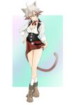  1girl absurdres animal_ears black_corset blue_panties boots breasts brown_footwear brown_hair cat_ears cat_tail cleavage clothes_lift corset fang full_body hand_on_own_hip highres jacket large_breasts lifted_by_self looking_at_viewer mushoku_tensei panties panty_peek ranoa_magic_academy_school_uniform red_eyes red_skirt rinia_dedoldia rora_(user_vgpk4444) school_uniform shirt short_hair simple_background skirt skirt_lift sleeves_rolled_up slit_pupils socks solo tail underwear white_jacket white_shirt white_socks 