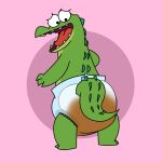 anthro blushypanda clothed clothing crocodile crocodilian crocodylid diaper diaper_fetish diaper_only digital_media_(artwork) embarrassed feces full_diaper green_body hi_res male max_(oddballs) messy_diaper netflix oddballs open_mouth reptile scalie scat simple_background soiled soiled_diaper soiling solo tail teeth topless wearing_diaper