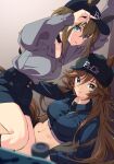 2girls animal_ears baseball_cap black_headband black_shorts black_skirt blue_eyes blurry blurry_background boc&#039;z_(umamusume) breasts brown_hair cheval_grand_(boc&#039;z)_(umamusume) cheval_grand_(umamusume) choker closed_mouth collared_shirt commentary_request crop_top ears_through_headwear green_eyes grey_shirt hand_on_headwear hat headband horse_ears horse_girl horse_tail long_hair long_sleeves looking_at_viewer looking_to_the_side medium_breasts midriff misu_kasumi mr._c.b._(boc&#039;z)_(umamusume) mr._c.b._(umamusume) multiple_girls navel on_ground on_one_knee parted_lips shirt shirt_tucked_in short_hair shorts skateboard skirt smile tail umamusume 