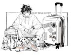  1boy backpack bag camping_chair copyright_name cup disposable_cup earbuds_charging_case english_text eyeshield_21 full_body greyscale highres hood hoodie kobayakawa_sena long_sleeves male_focus monochrome rolling_suitcase shoes short_hair sitting smartjoy sneakers solo spiked_hair spot_color starbucks sticker suitcase ueda-pix watch wristwatch 