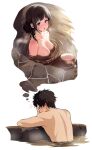  1boy 1girl :o absurdres back black_hair blush breasts chitanda_eru collarbone completely_nude covering_face highres hyouka imagining knees_up large_breasts looking_at_viewer mery_(yangmalgage) nude onsen oreki_houtarou partially_submerged purple_eyes refraction steam wet wet_hair 