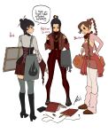  3girls absurdres alternate_costume alternate_universe avatar:_the_last_airbender avatar_legends azula bag bitsbytits black_collar black_eyes black_footwear black_hair blush bodysuit book boots braid braided_ponytail brown_hair clothes_around_waist collar detached_sleeves double_bun dress_pants duffel_bag earbuds earphones english_text eraser fashion from_behind full_body grey_bag grey_thighhighs hair_bun hair_ornament hands_up headphones headphones_around_neck high_heel_boots high_heels highres holding_painting jacket jacket_around_waist knee_boots long_hair long_sleeves looking_at_another loose_socks mai_(avatar) medium_hair miniskirt multiple_girls orange_bag paintbrush paintbrush_hair_ornament painting_(object) panties pen pink_bodysuit pink_sleeves pink_socks pleated_skirt pointy_ears red_bodice red_jacket red_lips red_panties red_shirt red_skirt shirt shirt_tucked_in shoes sidelocks simple_background single_hair_bun skirt socks speech_bubble spiked_collar spikes standing talking thighhighs tote_bag turtleneck turtleneck_shirt ty_lee underwear unitard white_background white_shirt white_thighhighs wide_sleeves 