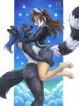 2024 ace_(kacey) anthro bassariscus black_arms black_body black_fur black_legs black_nose blue_hair bottomwear breasts brown_hair cacomistle canid canine canis clothed clothing duo female female/female fur hair hi_res jackal kacey kristania looking_at_another mammal markings open_mouth procyonid purple_eyes ring_(marking) ringed_tail romantic romantic_couple shorts striped_body striped_fur striped_markings striped_tail stripes tail tail_markings