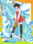  1girl black_eyes black_hair black_thighhighs blunt_bangs border commentary dress film_grain gradient_border green_border highres holding_kettle kettle kmr_doodle loafers long_sleeves looking_at_viewer orange_border own_hands_together ranma_1/2 red_dress shirt shoes short_dress short_hair solo splashing tendou_akane thighhighs v_arms water white_footwear white_shirt yellow_border zettai_ryouiki 