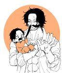  2boys ^_^ abs aged_down baby circle closed_eyes commentary_request father_and_son gol_d._roger greyscale_with_colored_background highres holding_baby holding_mustache jewelry long_mustache male_focus multiple_boys necklace nrrn03 one_piece open_clothes open_shirt orange_background orange_pajamas pajamas portgas_d._ace short_hair simple_background sleeves_rolled_up smile upper_body 