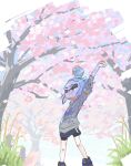  1girl arm_up black_footwear black_shorts blue_hair blue_skirt cherry_blossoms closed_eyes closed_mouth commentary_request falling_petals feet_out_of_frame garryaoki grass grey_hoodie hair_bun hand_on_own_arm highres hood hoodie inkling inkling_girl inkling_player_character official_style outdoors petals pink_petals print_hoodie shorts shorts_under_skirt skirt solo splatoon_(series) stretching tentacle_hair tree 