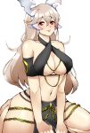  1340smile 1girl absurdres bare_shoulders breasts chain commentary corrin_(female)_(fire_emblem) corrin_(fire_emblem) fire_emblem fire_emblem_fates grey_hair halterneck highres horns large_breasts long_hair looking_at_viewer meme_attire midriff navel pelvic_curtain red_eyes seiza simple_background sitting solo stomach thighs very_long_hair white_background yomorio_lingerie 